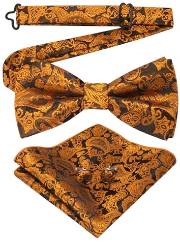 JEMYGINS Paisley Fliege und Einstecktuch mit Manschettenknöpfe Sets für Herren