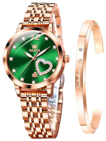 OLEVS Damenuhr Geschenke Set mit Diamant Herzform Armband Roségold für Damen Weiblich Grün Gesicht Wasserdicht Analoge Quarz-Armbanduhren