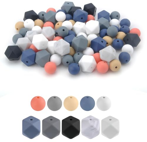 75 Stück Silikonperlen Silikon Bastelperlen Schmuckherstellung Runde Gummiperlen, Polygonal, Perlen Set für DIY Halsketten Armband Schmuck