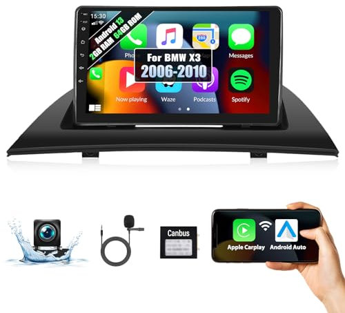 2G+64G Android 13 Autoradio für BMW X3 E83 (2004-2012) mit Carplay kabellos Android Auto 9 Zoll Touchscreen Auto Radio mit GPS-Navi HiFi FM/RDS WiFi Bluetooth und USB + Rückfahrkamera und Mikrofon