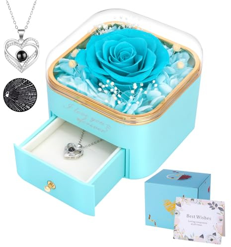 Firestyle Preserved Light Blue Real Rose with I Love You Necklace in 100 Languages Eternal Flowers Rose Gifts for Women Mum Wife Girlfriend on Christmas Valentines Mothers Day Anniversary Birthday