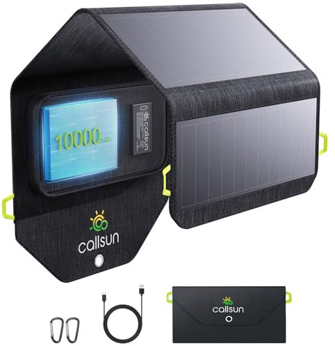 Callsun Panel solar portátil de 28 W con batería de 10000 mAh, panel solar de mochilero para camping, senderismo, cargador solar plegable USB-A y compatibilidad tipo C con iPhone, iPad, Samsung Galaxy