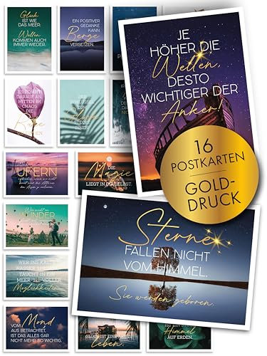 16er Set Gold-Postkarten Sprüche Motive Zitate Lebensweisheiten Karten Spruch Motivation Achtsamkeit Affirmation Aphorismen Mutmacher Geschenk Deko Golddruck Coaching Training Grußkarten veredelt