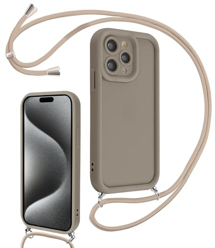 Coalbooliy Cover per iPhone 15 Pro 6,1 con Cordino per Cellulare, Custodia Silicone con Regolabile Collana Sottile Morbida Case Protezione della fotocamera Antiurto con Necklace, Cachi