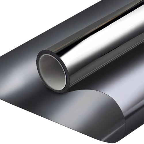 Qobobo Spiegelfolie Fenster Sichtschutz 60 x 200 cm Fensterfolie Selbstklebend Sonnenschutzfolie Fensterfolie Sonnenschutz UV Schutzfolie Rückstandslose mit Kleber Wärmeschutzfolie Silber+Schwarz