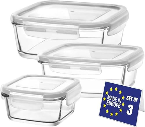 NORDIC SCHILLER 3er-Set Frischhaltedosen aus Glas 1150 cc, 720 cc, 375 cc, Vorratsdosen mit Auslaufsicherem Deckel, Aufbewahrungsbox, Meal Prep Boxen für Lebensmittel, Frischhaltedosen Kühlschrank