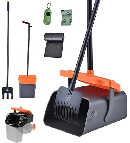 JAOGAUS Hundekotschaufel, 117cm Kotschaufel mit Schwenkbehälter und Rechen für Große, Mit 35 Abfallbeuteln, Abnehmbar Schaufel, Verwendung für Den KOT von Haustieren im Hof, Auf Gras, Erde Oder Kies