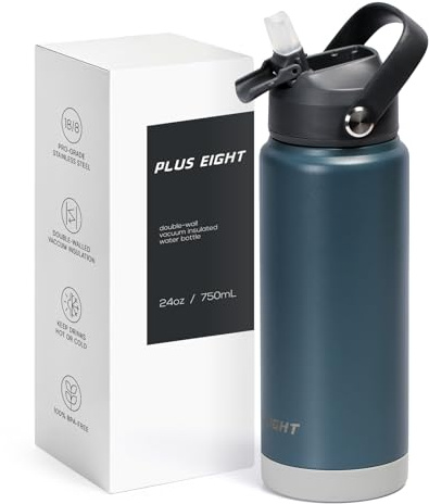pluseight Water Bottle with Straw Lid, 750ml (24oz) Vacuum Insulated Water Bottles, Stainless Steel Water Bottle Wide Mouth for Sports, Gym or Office, BPA-Free Keep Cold 24H Hot 12H (Blue)