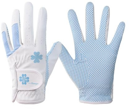 VONCYKI Golfhandschuhe für Damen, PU-Leder, linke und rechte Hände, 1 Paar rutschfeste Partikel mit atmungsaktiven Outdoor-Sporthandschuhen (Weißblau, Größe 18)