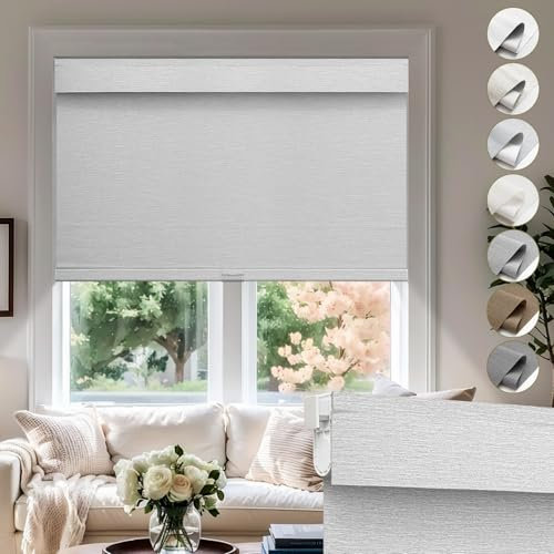 Moonice No Drill No Tools Cordless Roller Blinds for Windows 100% Blackout Roller Shades Valance Jacquard Linen Fabric Thermal Insulated Roll Up Blinds for Home (White Grey,Custom Size)