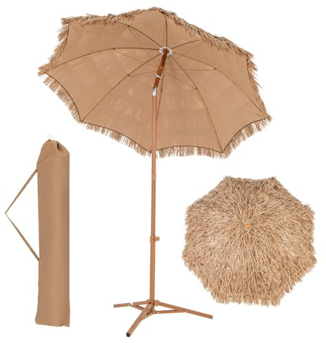 RELAX4LIFE Parasol de Plage en Paille Φ200cm, 8 Baleines, Sac de Transport, Base Pliable et Inclinable