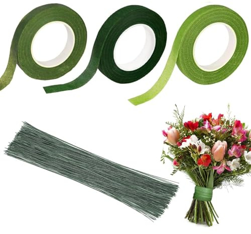 Floristik Kreppband 3-Teiliges Set mit 100 Pcs grünem Blumendraht | Self-Adhesive Floral Tape Floristenkrepp 27m/Rolle für Geschenkverpackungen und DIY Bastelarbeiten