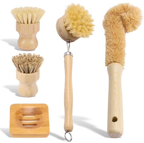 harupink Lot de 5 brosses à vaisselle en bambou avec poils naturels durables - Brosse à vaisselle multi-usages - Brosse de cuisine pour vaisselle, casseroles, poêles, éviers de cuisine