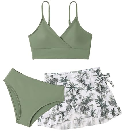 LYZOURBB Teenager-Mädchen 3-teiliger Badeanzug Kostüm Bikini-Set verstellbares Bikinioberteil mit Blumen-Cover-Up Rock für 8–14 Jahre, grün, 11-12 Jahre