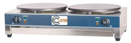 Cleiton® Crepera Profesional Doble Eléctrica de Sobremesa en acero inoxidable con 2 Placas de Hierro Fundido de 40 cm Ø | Crepera Industrial - 6000 W