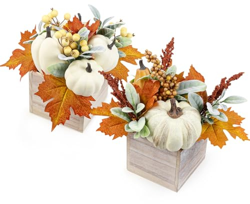 Songjum 2 Stück Künstliche Kürbis Herbstdekorationen Rustikale Weiße Schaumstoff Kürbisse Deko mit Ahornblättern Beeren in Holzkiste Halloween Thanksgiving Tischdeko Zentralelement