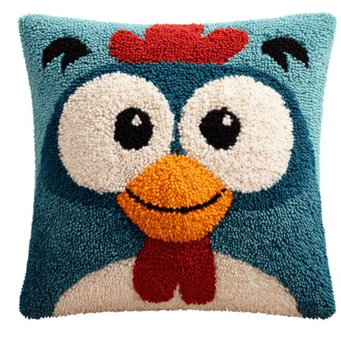 XDEGHUANGSS Kit Créatif Coussins et Tapis au Crochet Avec Motif Pré Imprimé,Kit Coussin Au Point Noué,Loquet Crochet Complet Housse De Coussin,Fait Main,43x43cm(Poulet drôle de dessin animé)