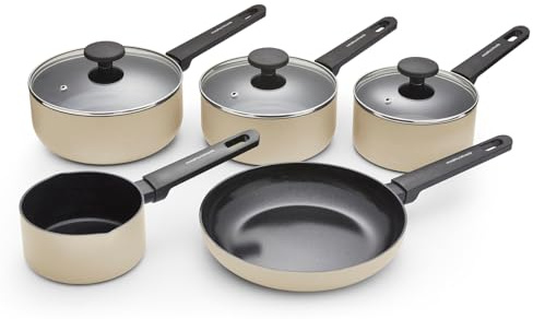 Morphy Richards 5-Piece Saucepan Set, Recycled Aluminium, 14cm Milk Pan, 23cm Frying Pan, 16cm, 18cm & 20cm Saucepan, Non Stick Coating, Soft Touch Handles, Suitable for All Hobs, Cream