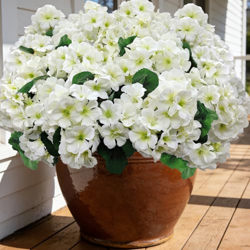 Mutcolor 8 Bundles Artificial Geranium Flowers for Outdoors UV Resistant Red Silk Fake Geranium Plant Faux Floral for Front Porch Planter Balcony Patio Garden Home Indoor Decoration (White)