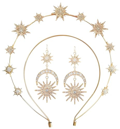 Haarreif Sterne,Sonne Mond Sterne Kostüm,Damen Gold Stern Und Krone,Göttin Haarreifen Kopfschmuck,Sonnengöttin Sternen Stirnband,Ohrringe Sonnen Wahrsagerin,Goddess Accessoires