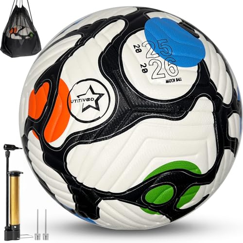 UTiTiVOOD Soccer Ball Size 5 with Pump, Waterproof PU, Thermal Bonded | Indoor Outdoor Use, Grass Turf Court, Futsal Practice, Thermal Bonded Seamless, Includes Hand Pump, Youth Adult