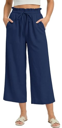 Husmeu Pantalon Femme en Coton Lin 3/4 Pantalon Palazzo Capri Femme Taille Élastique avec Volants Léger et Respirant Poches