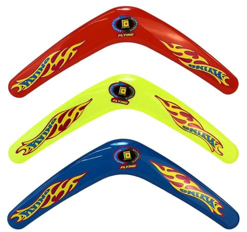 BEMIRO Flying Bumerang-Set, 50 Stück, Flammen-Design, Bunt gemischt, ca. 29 cm, Outdoor-Spielzeug für Garten, Park und Strand