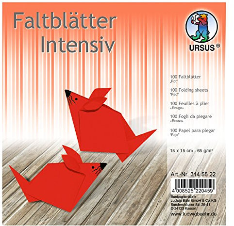 Ursus 3145522 - Faltblätter Uni intensiv, rot, ca. 15 x 15 cm, 65 g/qm, 100 Blatt, aus Plakatpapier, durchgefärbt, für kleine und große Origami Künstler, ideal für vielseitige Bastelarbeiten