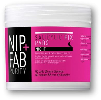 Nip+Fab Salicylic Fix Day & Night Pads, 2% BHA and Hyaluronic Acid, 60 pads | Exfoliating Facial Pads, Deep Pore Cleansing, Blemish Control, Hydrating Formula, 60 Pre-Soaked Pads