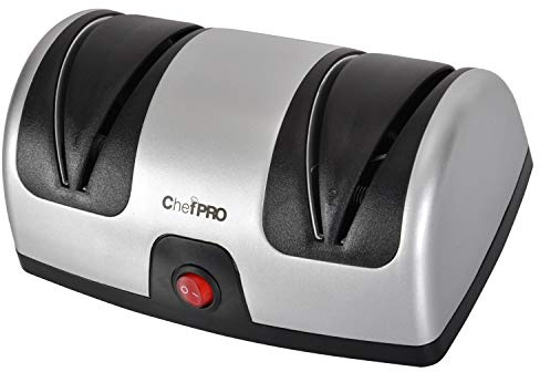 Aiguiseur de couteau électrique et système de polissage par Chef Pro, design compact et facile à utiliser, fond ventouse et nettoyage facile, noir/argenté
