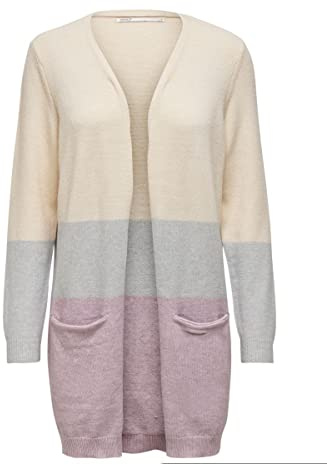 ONLY Damen Onlqueen L/S Long Cardigan KNT Noos Strickjacke, Ecru/Stripes:w. Jadelite & Wood Rose Melange,S