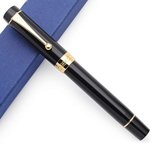 JINHAO Century Tofu 100 18KGP Golden Plated Resin Fountain Pen (Black with Golden Clip, Medium Nib)