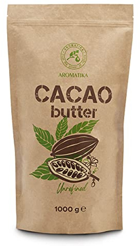 Kakaobutter 1kg/1000g - Pure Kakaomasse - Kaltgepresst - Unraffiniert - Theobroma Cacao - Kakao Butter in Stücken - Cacao Butter für Speisen und Hautpflege - Roh Cacaobutter zum Kochen und Backen