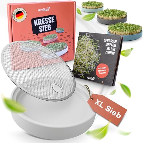 seed&eat Kressesieb (16cm), Anzuchtschale für Kresse & Microgreens, mit Sprossenheft, Keramikschale + Edelstahlsieb