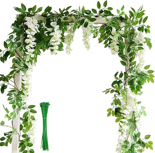 ASOENTIWOX 2 X 2M/7FT Artificial Wisteria Flower Garland, Artificial Flowers Wisteria Vine Fake Flowers Garland, For Garden Flower Wall, Home, Outdoor Wedding Party Decorationwhite.