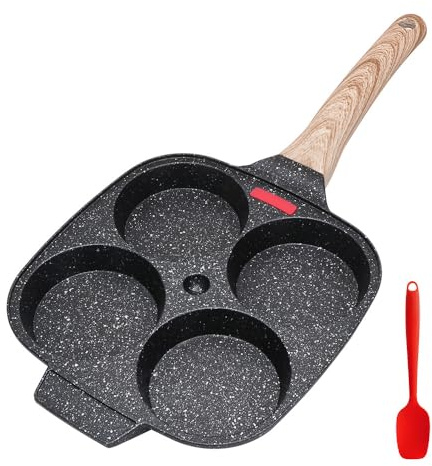 Bobikuke 4-Hole Egg Pan, Egg Frying Pan Non Stick, Black | Four-hole aluminium skillet for frying eggs, pancakes and burgers together, with an easy-release non-stick surface.