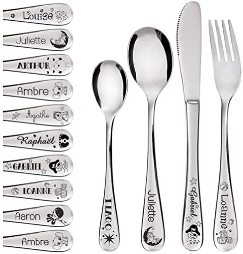 Gravure Events - Couverts pour Enfant avec prénom gravé en France - 4 Couverts personnalisés - Personnalisable avec ou sans Dessin - Cadeau Noël bébé, Baptême, Cadeau de Naissance Fille ou garçon