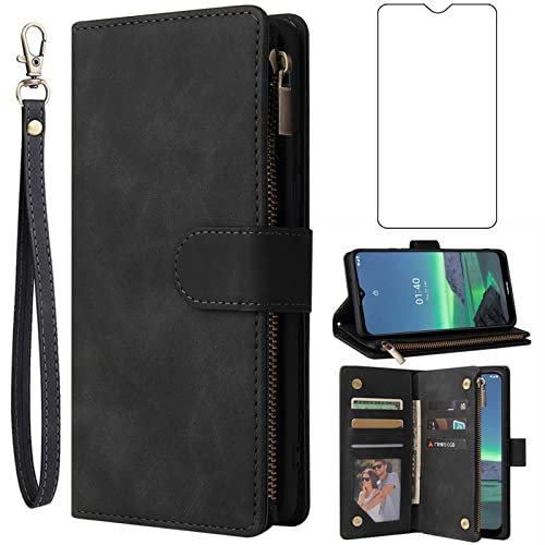 Asuwish Compatible with Nokia 1.4 Wallet Case and Tempered Glass Screen Protector Leather Flip Cover Card Holder Stand Cell Accessories Phone Cases hülle coque funda for Nokia1.4 TA-1323 Women Black