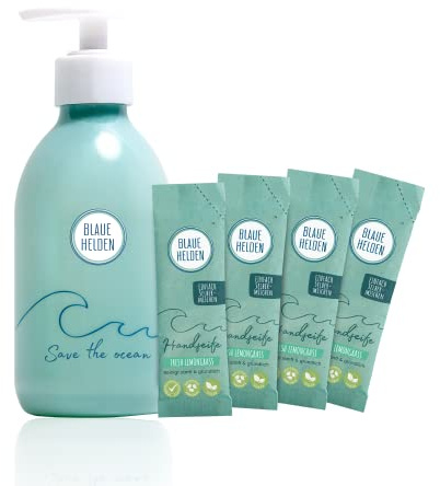 Blaue Helden Handseife Lemongras Starterset + 4x Nachfüll-Pulver für 1,2l Handseife | Vegan | Biologisch abbaubar| Ohne Mikroplastik