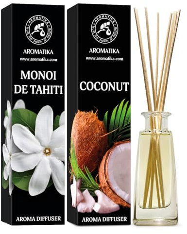 Difusor Aromas de Monoi de Tahiti & Coco Set 2x100ml - Difusores Aromáticos - Fragancia Fresca y Duradera - Difusor Perfumado - Fragancia para Habitación - Aromaterapia