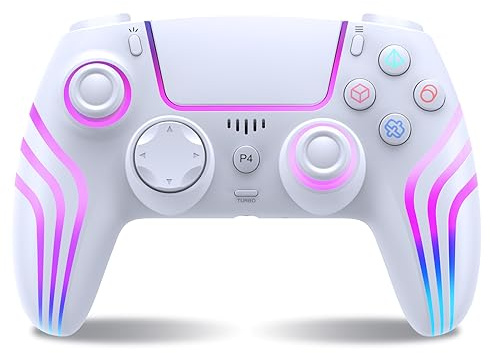 Wireless Controller for PS4 with LED Lighting,Compatible with PS4/Slim/Pro | with Vibration&Turbo,6-Axis Motion,3.5mm Headphone Jack,White