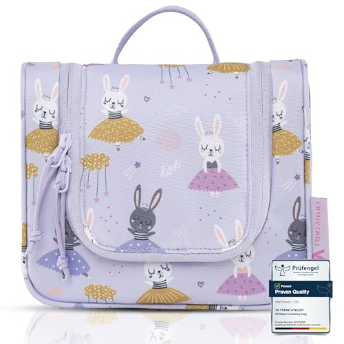 TA Trend Atelier Kinder Kulturtasche zum Aufhängen – nachhaltiger Waschbeutel & Kulturbeutel aus recyceltem Polyester, wasserabweisend, mit Spiegel & Fächern (Ballerina-Lila)