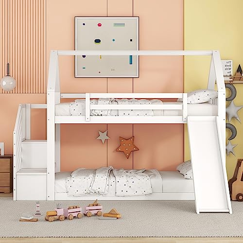 Idemon Litera con escalera de contención y tobogán, cama para niños y adolescentes, 90 x 200 cm, color blanco