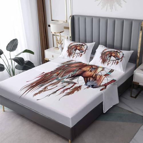 zcsm Queen Sheet Set - Western Horse Bed Sheets, Native American Dream Catcher Bedding Sheets & Pillowcases, Soft & Deep Pocket & Wrinkle Free Sheet Set, 1 Fitted Sheet, 1 Flat Sheet, 2 Pillow Cases