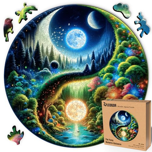 LEOGOR Yin Yang Holzpuzzle 500 Teile, Rundes Natur Balance Wald Design, Premium 5mm Dickes Holz, Geschenk für Erwachsene, Achtsamkeit Entspannung Deko, 45,6 x 45,3 cm
