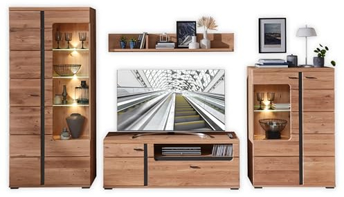 Wohnwand Komplett-Set in Altesche massiv, Old Artisan Oak Optik FSC-Zertifiziert - Moderne Schrankwand mit LED-Beleuchtung für Ihr Wohnzimmer - 360 x 203 x 42 cm (B/H/T) | Schrankwand inklusive LED-Beleuchtung, Fronten massiv und FSC-zertifiziert, moderne Optik für das Wohnzimmer