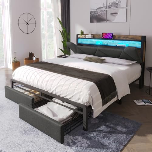 Becag Polsterbett Doppelbett 140x200, Metallbett mit 2 Schubladen, LED Stauraum Kopfteil mit USB/Typ-C-Buchse, Bettgestell mit Lattenrost aus Metallrahmen, Stauraumbetten, Ohne Matratze, Leinen Grau
