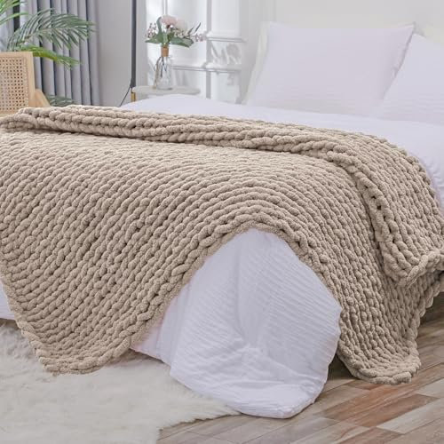 Bigacogo Chunky Knit Throw Blanket for Couch, 60x80 inches, Taupe