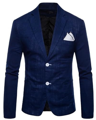 DONGPAO Blazer da Uomo Slim Fit Estivo Giacche Casual Eleganti Cappotto Sportivo Blazer di Lino Leggero Giacche da Abito A Due Bottoni Camicie Eleganti Abito da Sposa Blazer da Smoking Blu Navy XL
