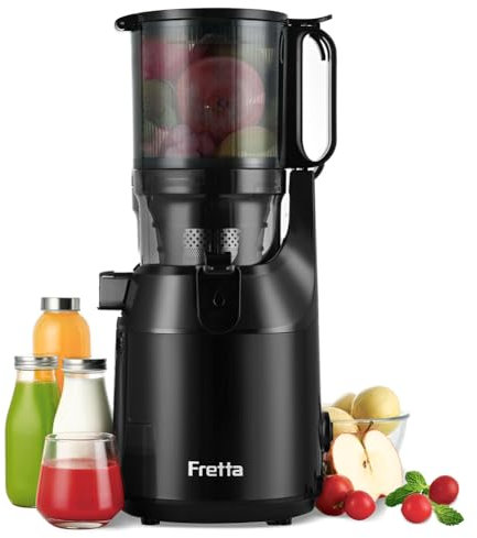 Fretta Extractor de Zumos y Verduras,Apertura de 135 MM y Capacidad de 1,8 L,Licuadora Prensado en Frio para Frutas y Verduras Enteras,250 W Juicer Machine, Sin BPA, Incluye 2 Vasos(Negro, 1, 8L)